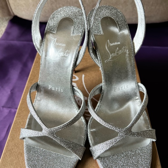 Christian Louboutin Emilie 100 Slingback Sandals Heels Shoes Silver Glitter 36.5 - Picture 9 of 16